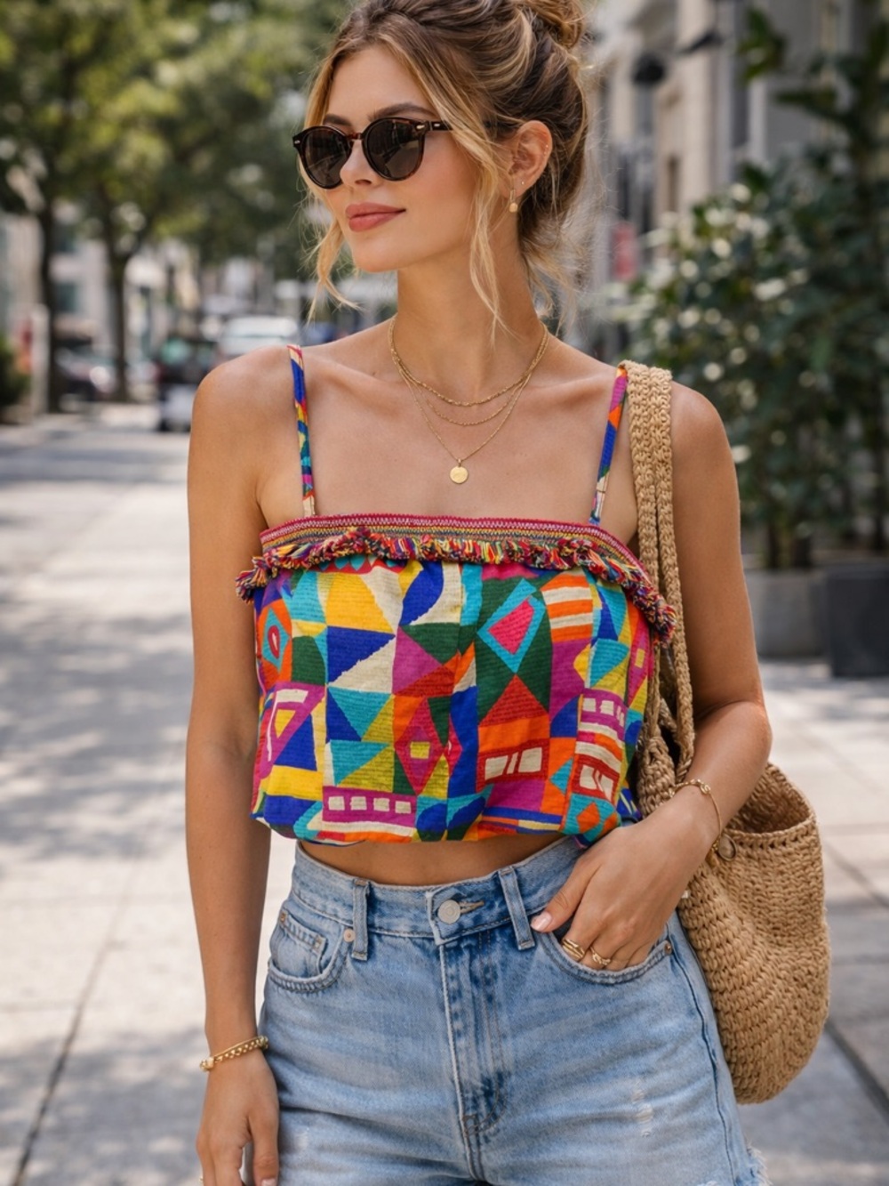 Antonio Melani Colorful Geometric Crop Top Fringe Trim Boho Summer Tank